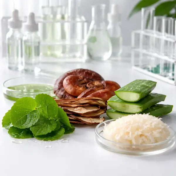 składniki dobrych kosmetyków naturalnych na stole w labolatorium: reishi, cica, tremella, aloes