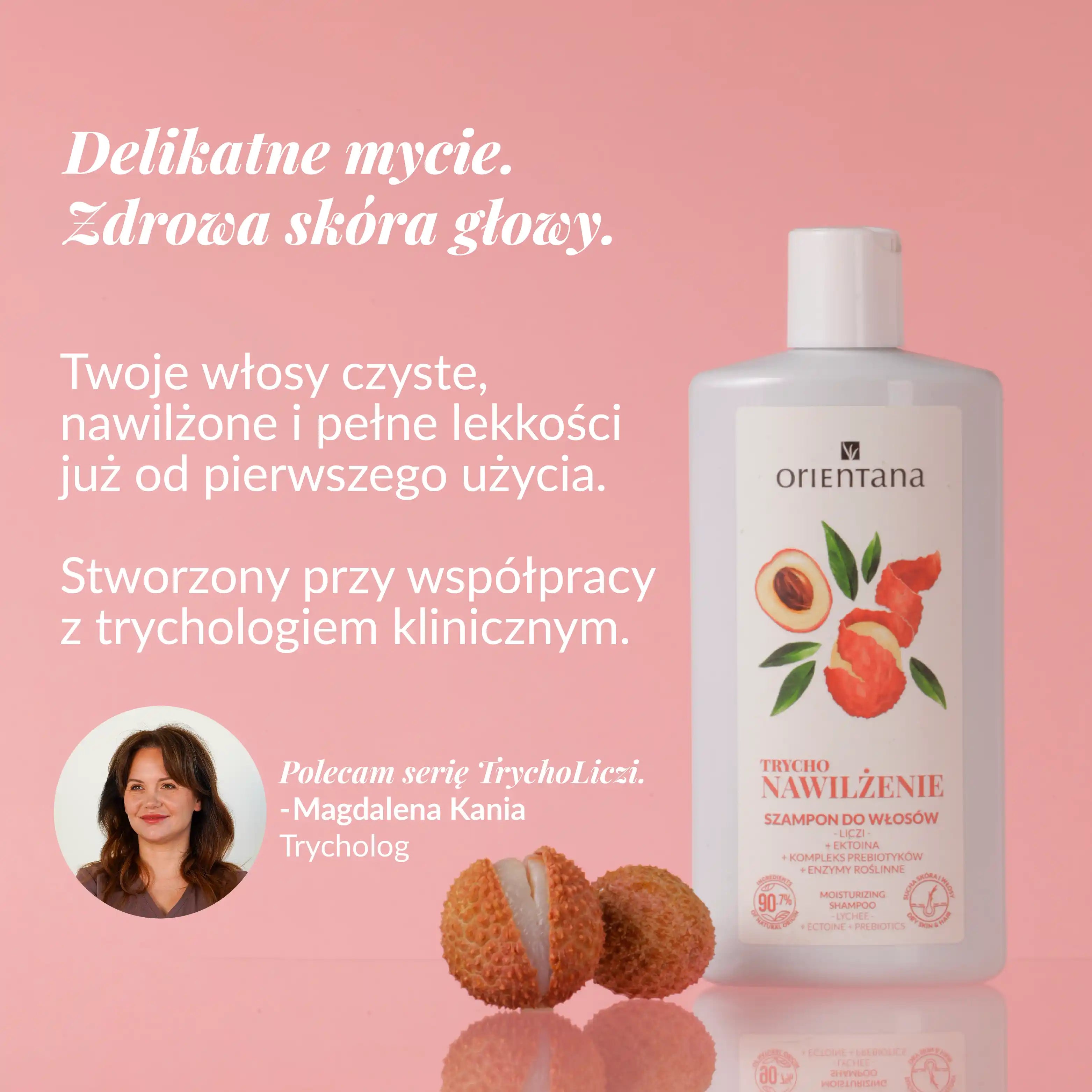 Delikatne mycie. Zdrowa skóra głowy. Szampon nawilżający trychologiczny Liczi Ektoina Prebiotyki Enzymy 200 ml - Orientana