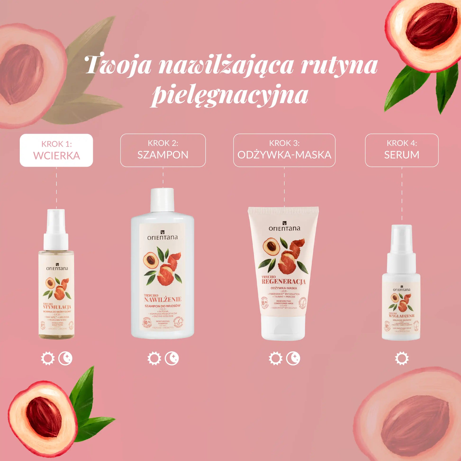 Twoja nawilżająca rutyna pielęgnacyjna. Krok 1 wcierka (rano i wieczorem), krok 2 szampon (rano i wieczorem), Krok 3 odżywko-maska (rano i wieczorem) i krok 4 serum (rano)