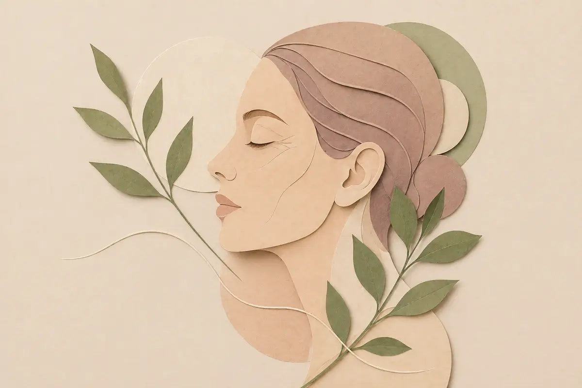 Ilustracja kobiety z liśćmi symbolizująca hormonalne starzenie się skóry i naturalną pielęgnację wspierającą jędrność oraz równowagę cery.