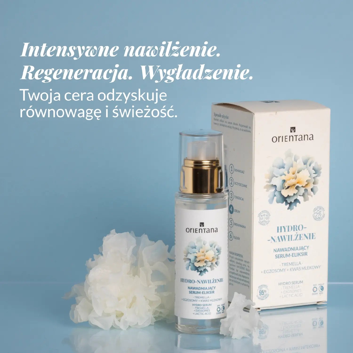 Serum eliksir intensywnie nawilża, regeneruje i wygładza skórę. Przywracając cerze równowagę i świeżość.