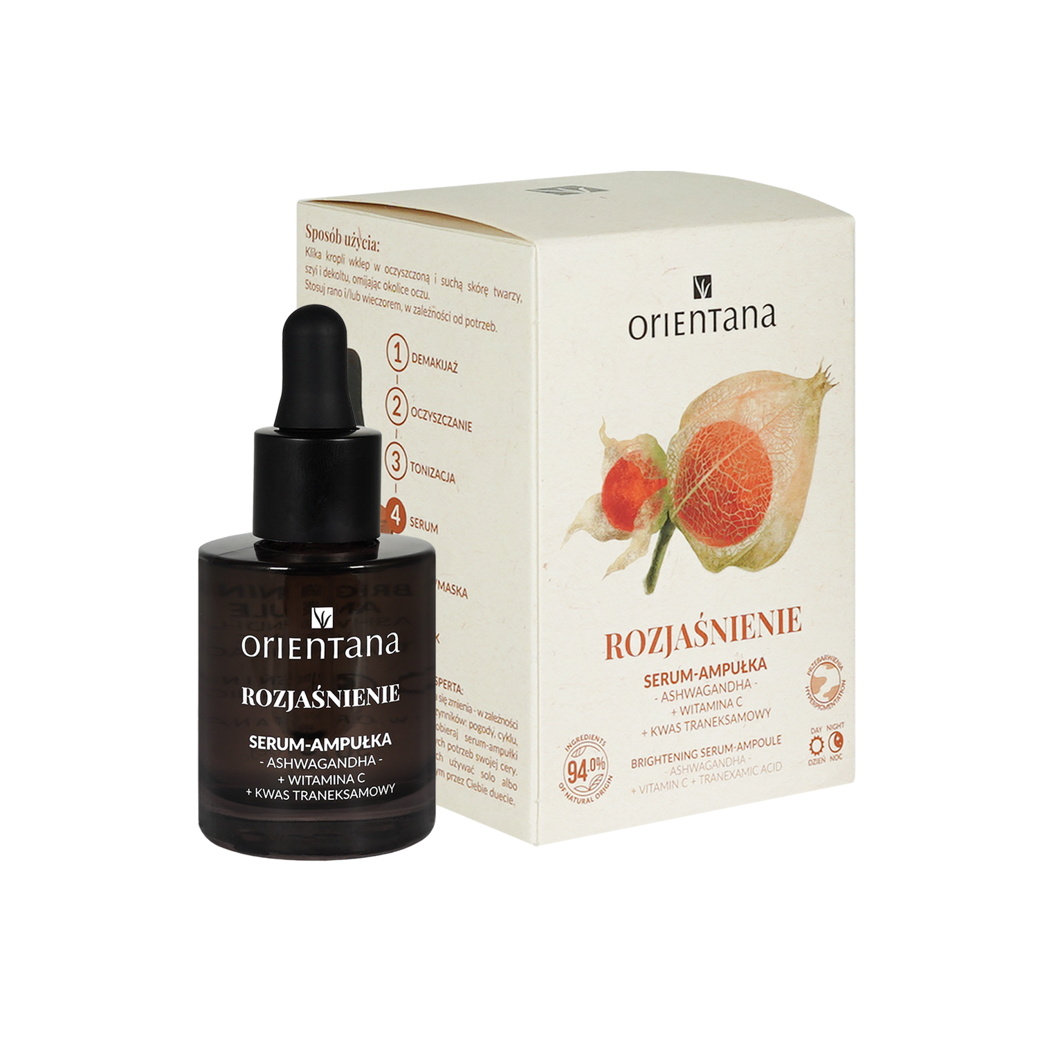 Serum kwas traneksamowy zamknięte w ciemnej szklanej buteleczce z pipetką, kartonik eko