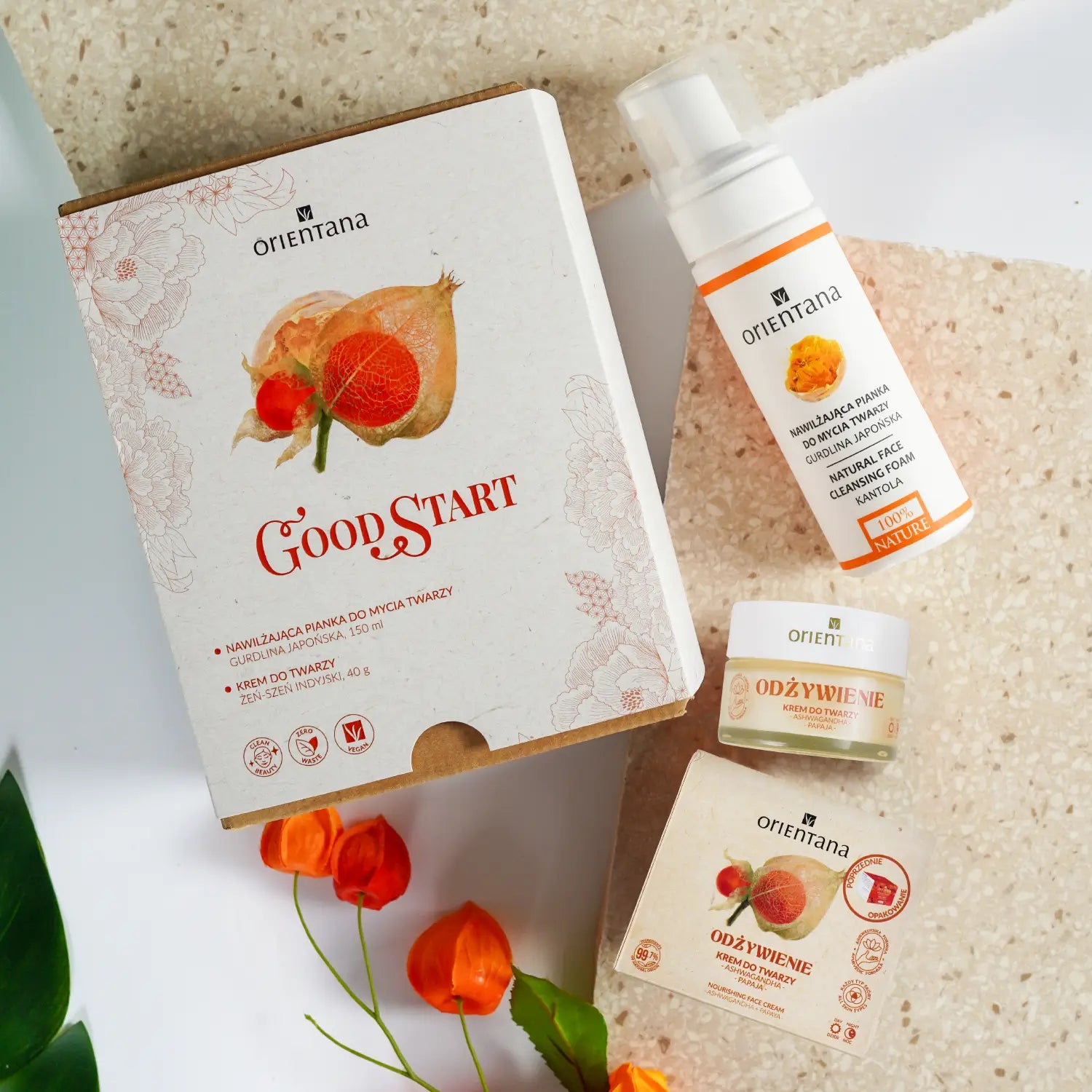 Zestaw prezentowy kosmetyków Good Start Orientana 2 produkt na tle kamieni i żeń-szenia