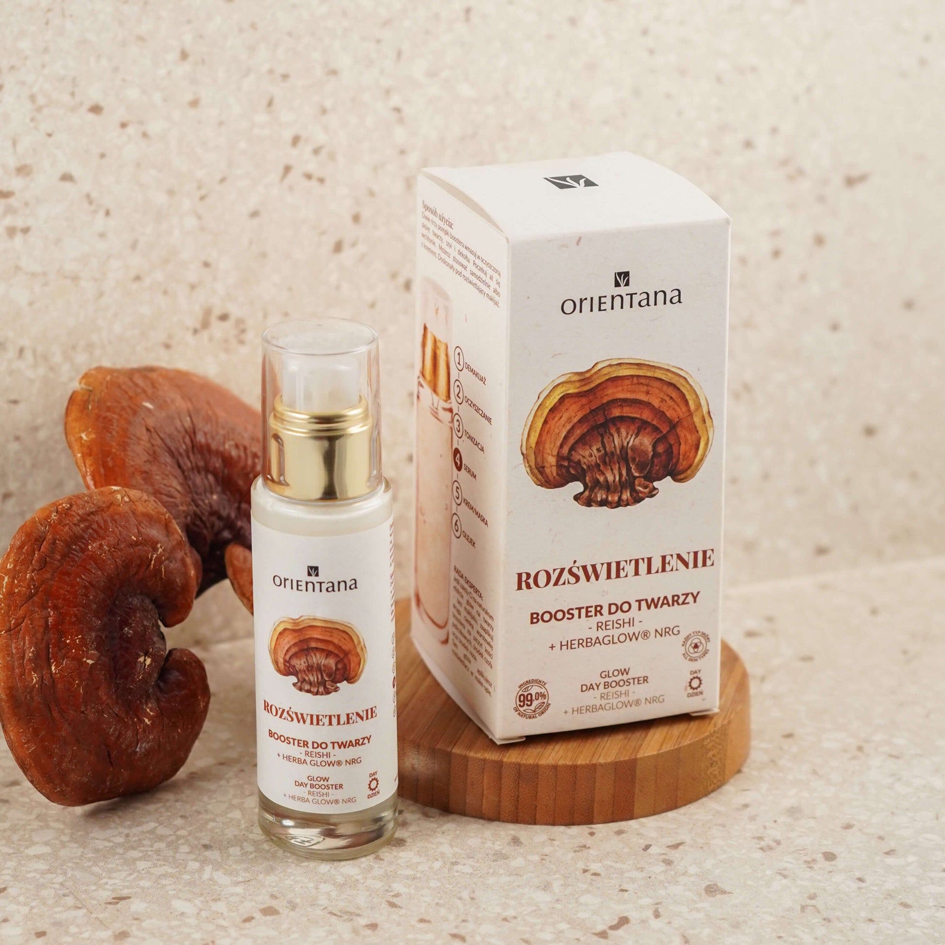 Booster rozświetlający REISHI i RÓŻENIEC GÓRSKI na dzień 30 ml - Orientana