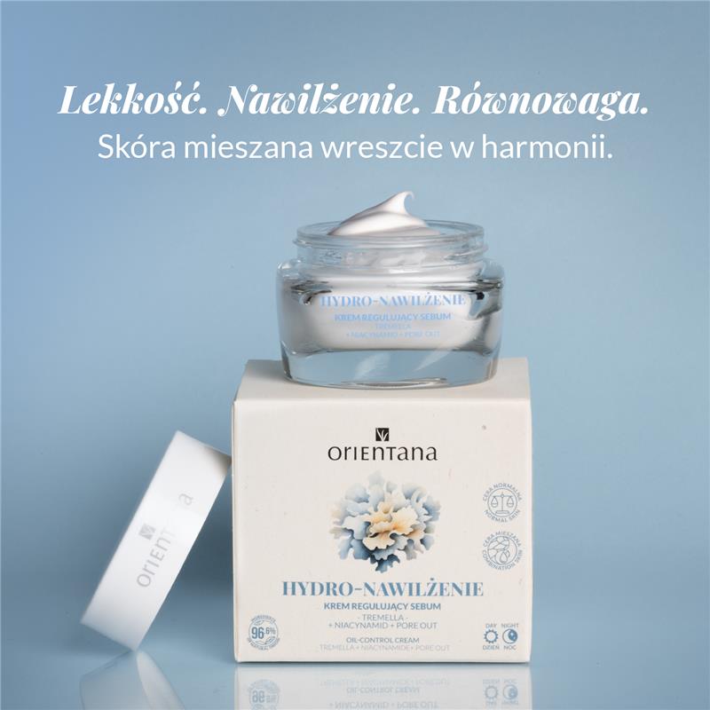 Lekki krem Hydro-Nawilżenie Orientana z tremellą i niacynamidem – nawilżenie, równowaga i regulacja sebum dla skóry mieszanej.
