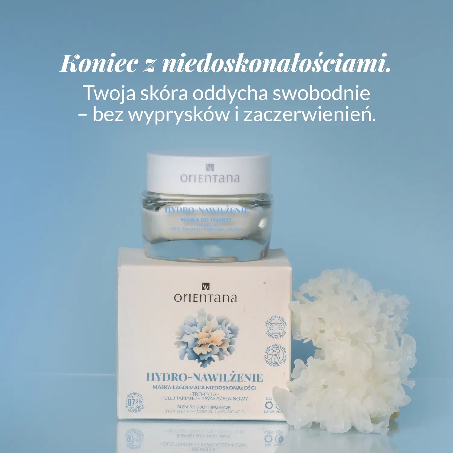 Skóra oddycha swobodnie z Maską na niedoskonałości na twarzy Tremella Olej Tamanu Kwas Azelainowy 50 ml Orientana
