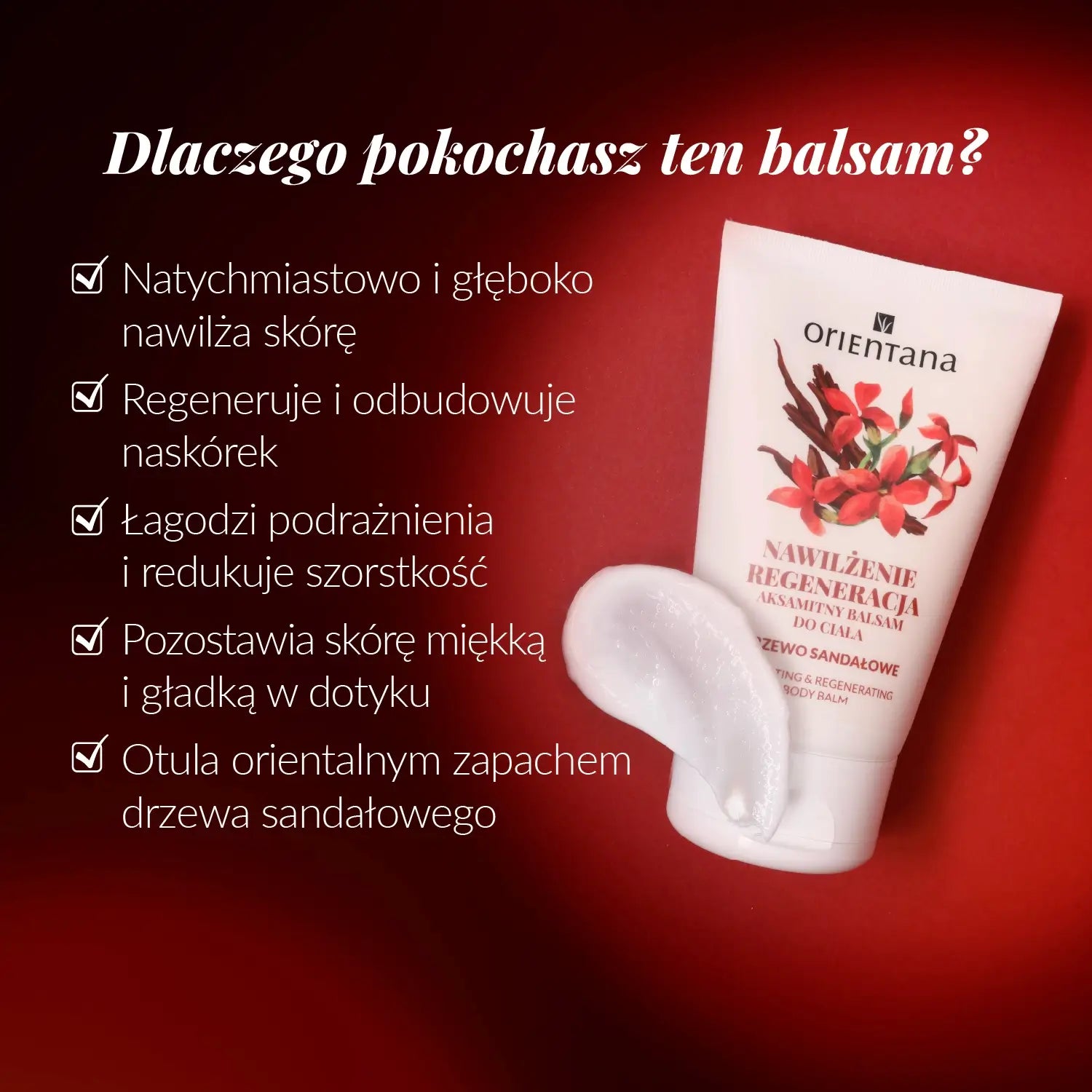 Dlaczego pokochasz Nawilżający i regenerujący balsam drzewo sandałowe 125 ml Orientana? Natychmiastowo i głęboko nawilża, regeneruje i odbudowuje naskórek, łagodzi podrażnienia, pozostawia skórę miękką i gładką w dotyku, otula orientalnym zapachem.