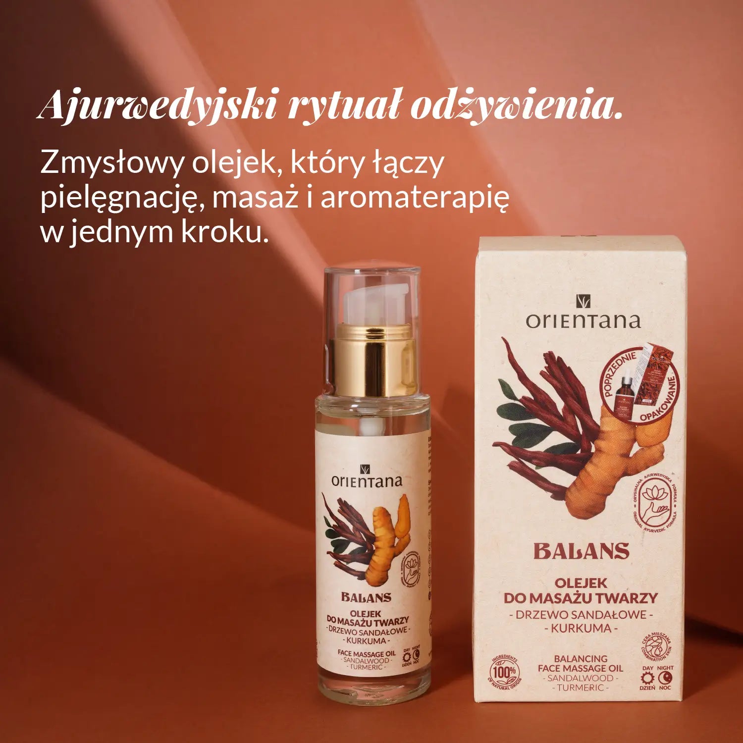 Olejek do masażu twarzy DRZEWO SANDAŁOWE i KURKUMA 30 ml - Orientana Ajurwedyjski rytuał odżywienia. Zmysłowy olejek, który łączy pielęgnację, masaż i aromaterapię w jednym kroku.