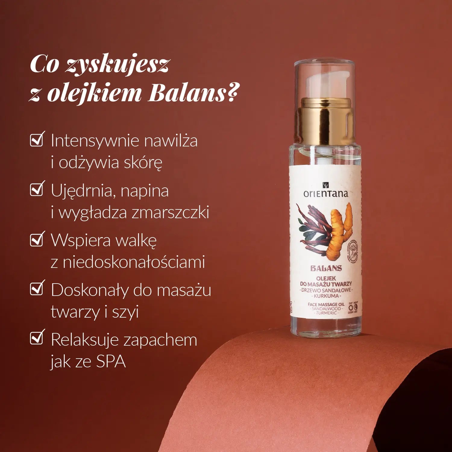 Olejek do masażu twarzy DRZEWO SANDAŁOWE i KURKUMA 30 ml - Orientana benefity: intensywne nawilżenie, ujędrnienie i wygładzenie zmarszczek, walka z niedoskonałościami, idealny do masażu, relaksuje.