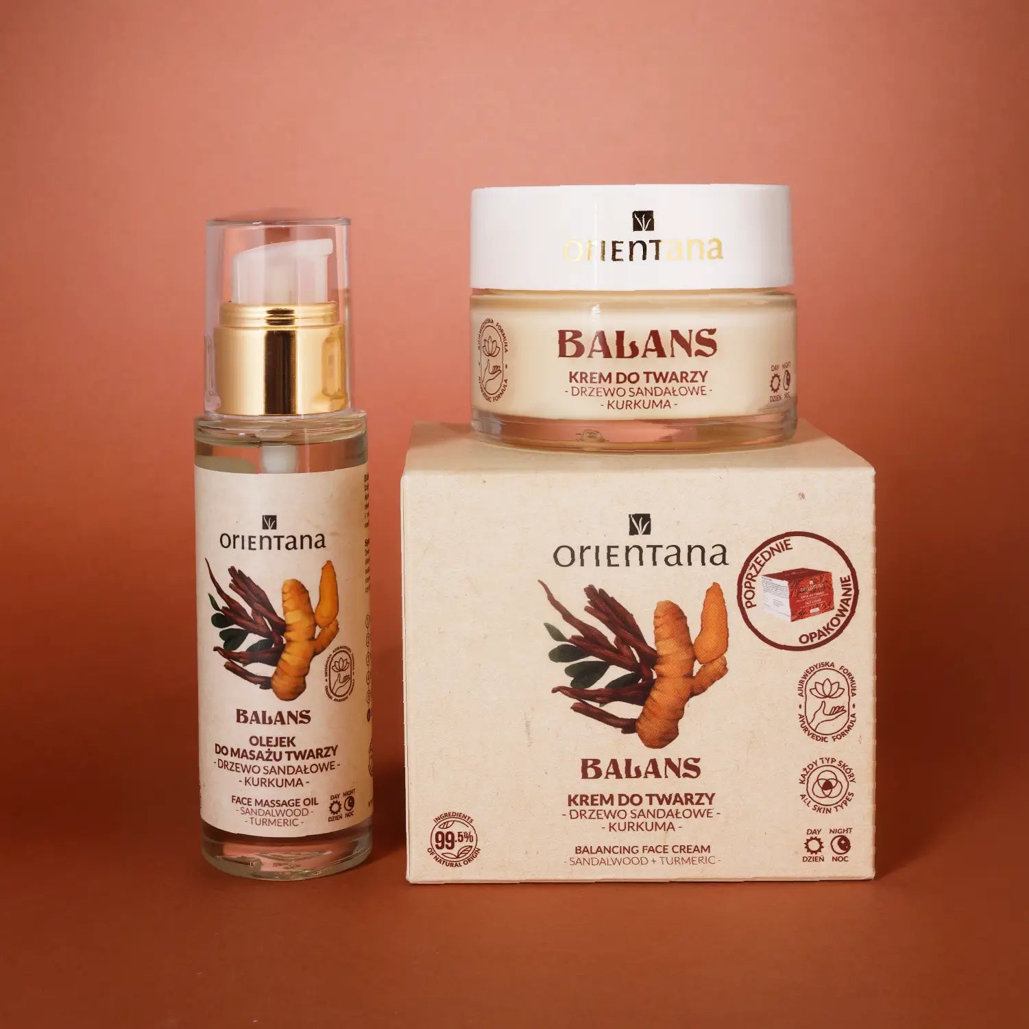 Seria produktów z drzewa sandałowego Olejek do masażu twarzy DRZEWO SANDAŁOWE i KURKUMA 30 ml - Orientana oraz krem balans drzewo sandałowe i kurkuma