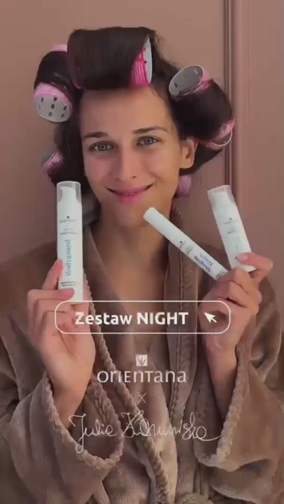 Wideo: Modelka w szlafroku i papilotach prezentuje zestaw kosmetyków na noc Orientana x Julia Kamińska