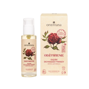 różany olejek orientana do masażu twarzy w szklanej butelce 30ml obok kartonik 