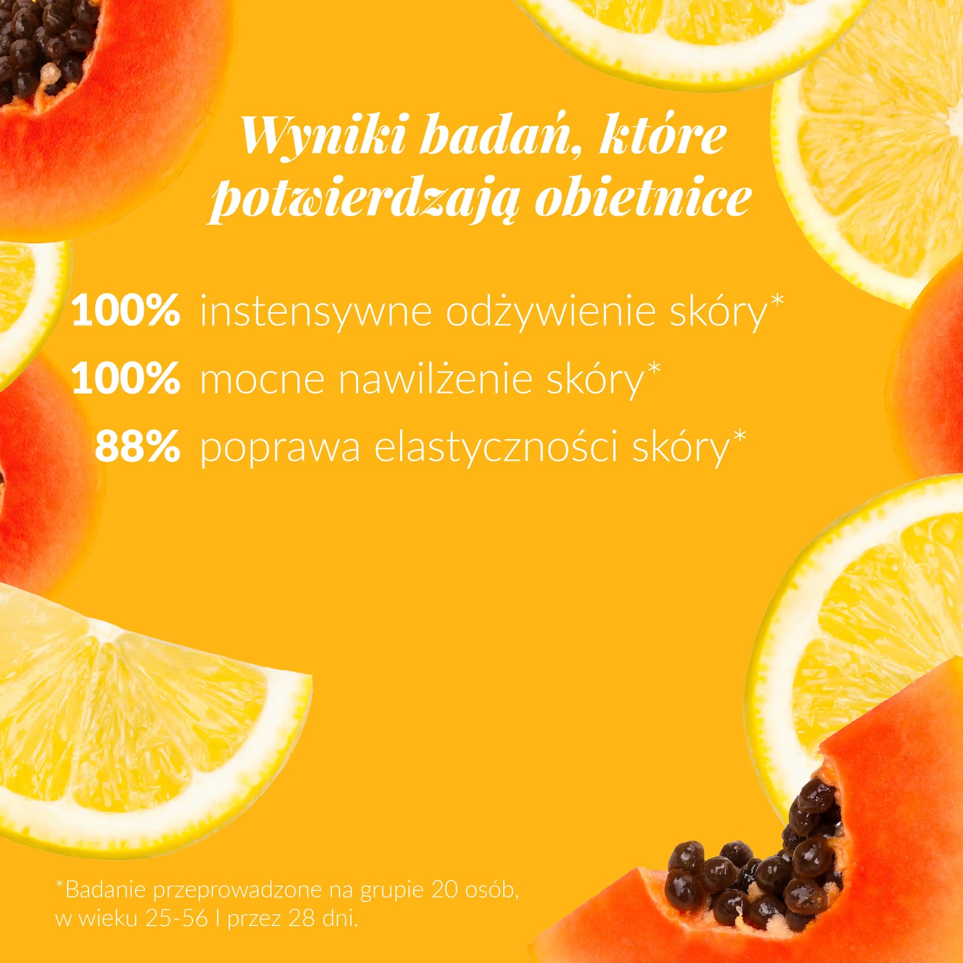 Wyniki badań, które potwierdzają obietnice: 100% intensywne odżywienie skóry, 100% mocne nawilżenie skóry, 88% poprawa elastyczności skóry