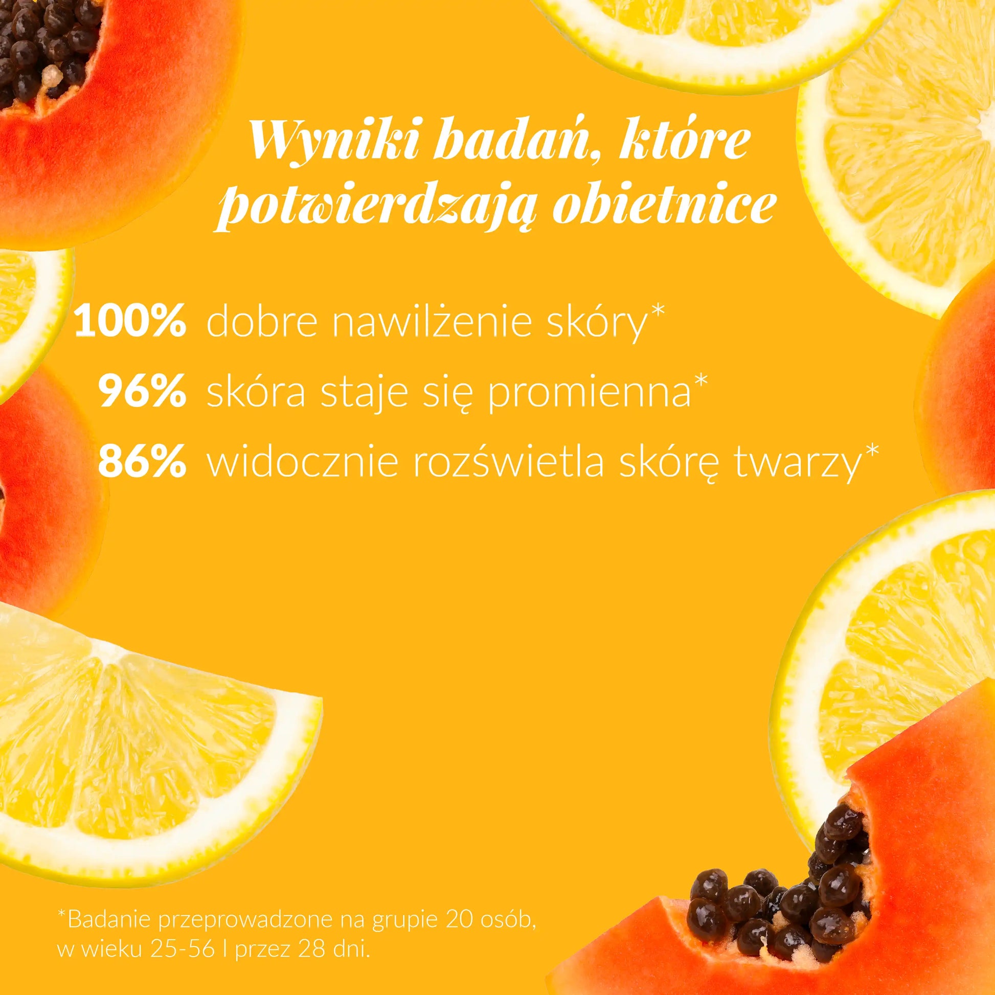 Wyniki badań, które potwierdzają obietnice: 100% dobre nawilżenie skóry, 96% skóra staje się promienna, 86% widocznie rozświetla skórę twarzy