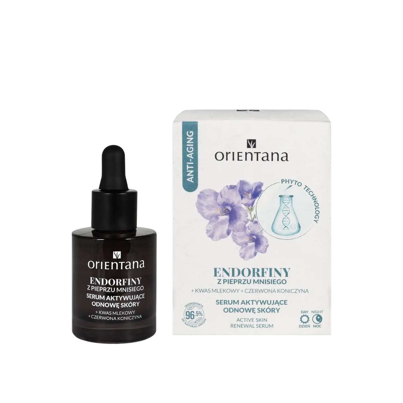 Serum z fitohormonami Endorfiny Orientana z pieprzem mnisiem, czerwoną koniczyną i witaminą E – aktywujące odnowę skóry serum przeciw oznakom hormonalnego starzenia.