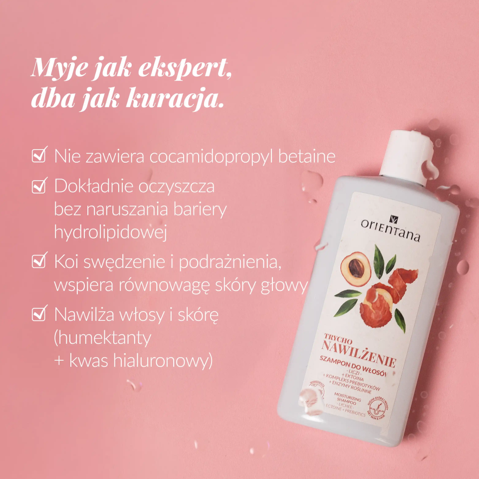 Myje jak ekspert, dba jak kuracja Szampon nawilżający trychologiczny Liczi Ektoina Prebiotyki Enzymy 200 ml - Orientana