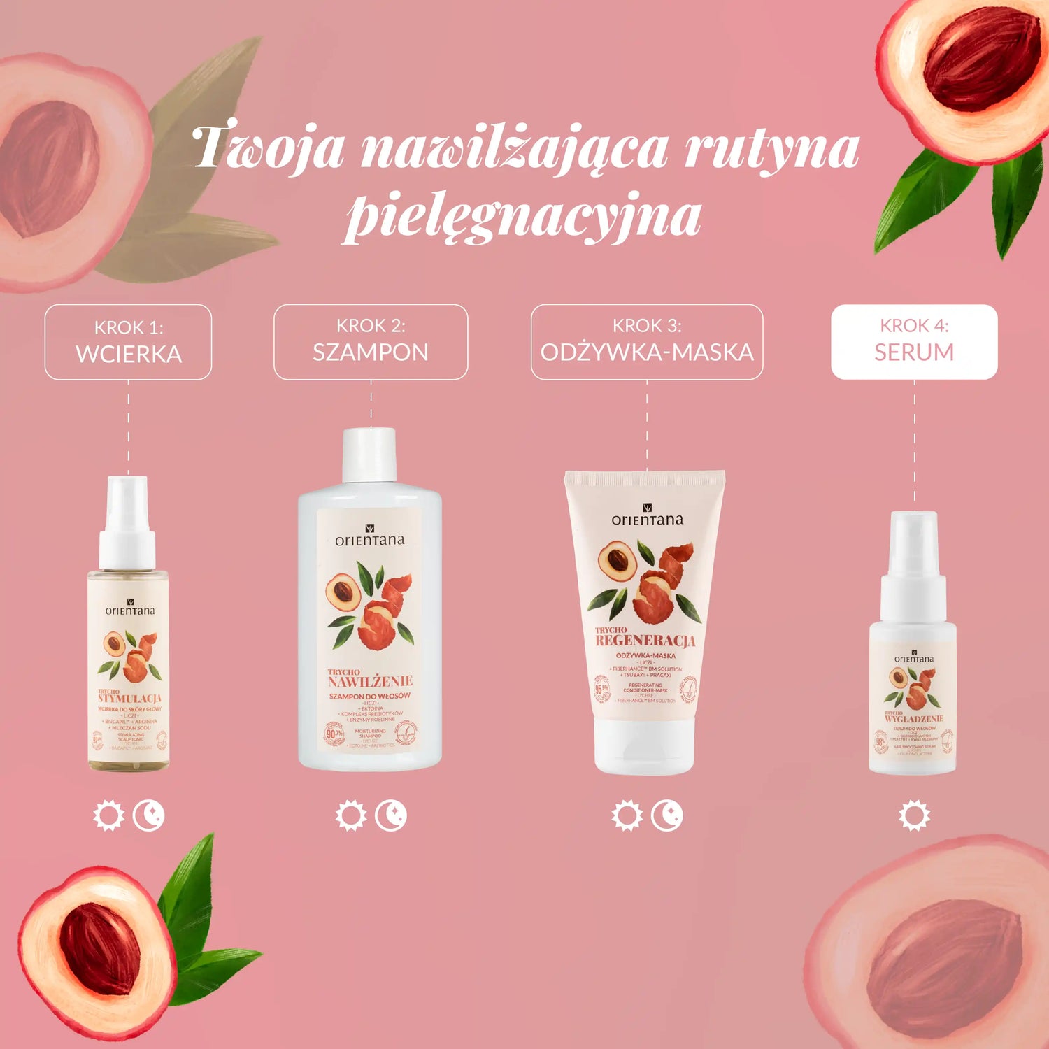 Twoja nawilżająca rutyna pielęgnacyjna. Krok 1 wcierka (rano i wieczorem), krok 2 szampon (rano i wieczorem), Krok 3 odżywko-maska (rano i wieczorem) i krok 4 serum (rano)